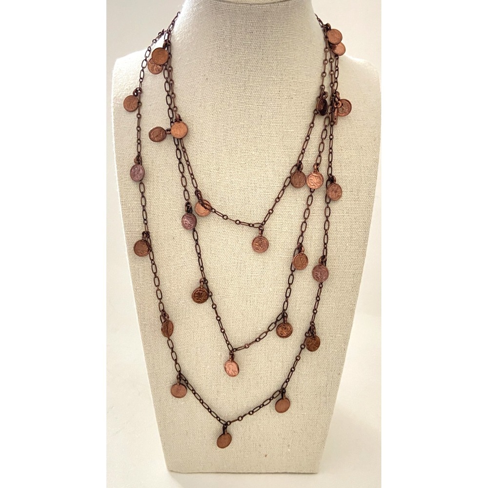 Vtg Joan Rivers ~Bronze Tone Double Sided Mini Coin Charm Necklace 62'' Signed